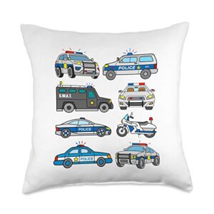 police car designs cop car design kids toddler police vehicles swat truck men throw pillow, 18x18, multicolor