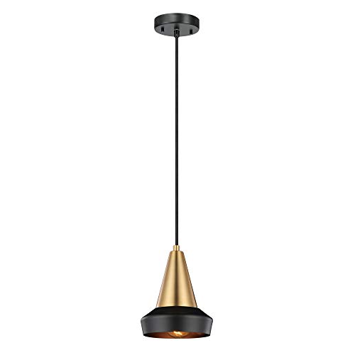 Globe Electric Monte 1-Light Plug-in or Hardwire Pendant Lighting, Matte Brass, Matte Black Accent, Black Fabric Cord, Gold