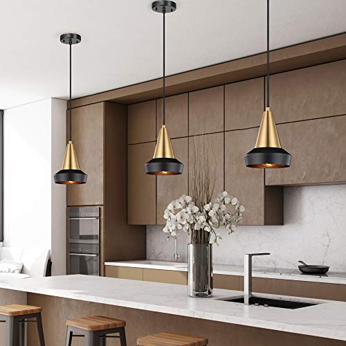 Globe Electric Monte 1-Light Plug-in or Hardwire Pendant Lighting, Matte Brass, Matte Black Accent, Black Fabric Cord, Gold