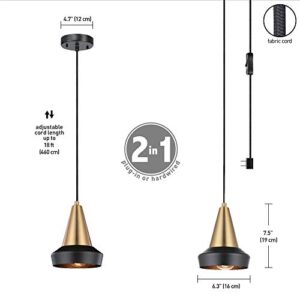 Globe Electric Monte 1-Light Plug-in or Hardwire Pendant Lighting, Matte Brass, Matte Black Accent, Black Fabric Cord, Gold