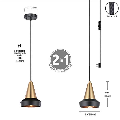 Globe Electric Monte 1-Light Plug-in or Hardwire Pendant Lighting, Matte Brass, Matte Black Accent, Black Fabric Cord, Gold