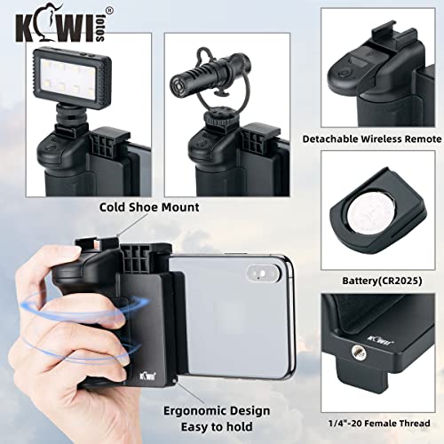 KIWIFOTOS Phone Tripod Mount, Phone Camera Grip Handle Holder with Detachable Bluetooth Shutter Remote Control and Cold Shoe Adapter for iPhone Samsung Smartphone Selfie Vlog Video Shooting-Black