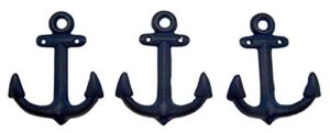 wowser nautical cast iron ship anchor wall hooks, 6 inches, set of 3 (blue)