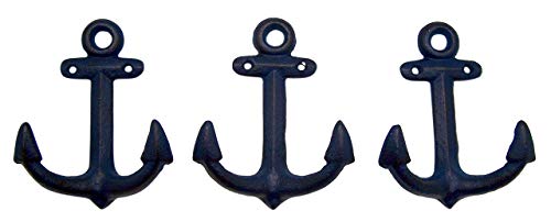 Wowser Nautical Cast Iron Ship Anchor Wall Hooks, 6 Inches, Set of 3 (Blue)