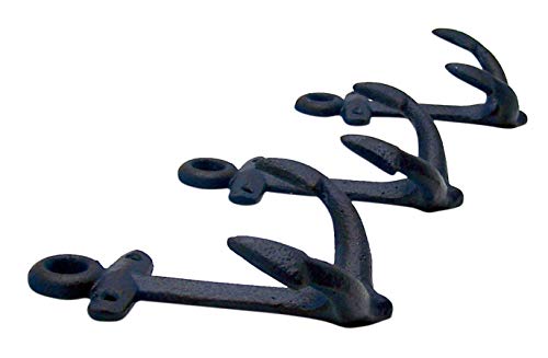 Wowser Nautical Cast Iron Ship Anchor Wall Hooks, 6 Inches, Set of 3 (Blue)