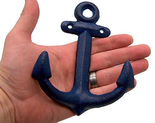 Wowser Nautical Cast Iron Ship Anchor Wall Hooks, 6 Inches, Set of 3 (Blue)