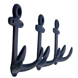 Wowser Nautical Cast Iron Ship Anchor Wall Hooks, 6 Inches, Set of 3 (Blue)