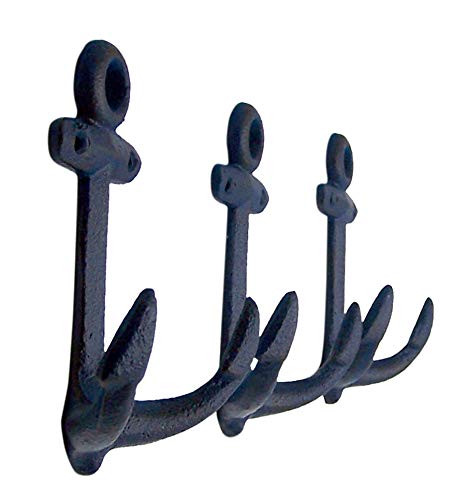 Wowser Nautical Cast Iron Ship Anchor Wall Hooks, 6 Inches, Set of 3 (Blue)