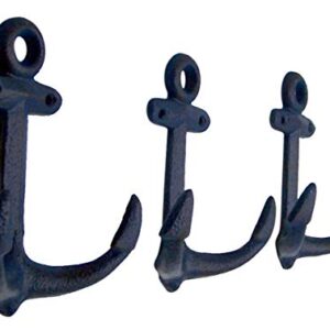 Wowser Nautical Cast Iron Ship Anchor Wall Hooks, 6 Inches, Set of 3 (Blue)