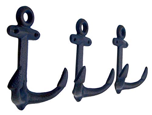 Wowser Nautical Cast Iron Ship Anchor Wall Hooks, 6 Inches, Set of 3 (Blue)