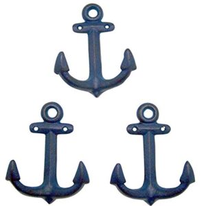 Wowser Nautical Cast Iron Ship Anchor Wall Hooks, 6 Inches, Set of 3 (Blue)