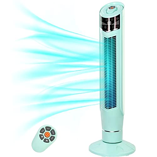 Antarctic Star Tower Fan 360°Oscillating Fan Quiet Cooling 24H Timer Remote Control Powerful Standing 8 Wind Speed 3 Wind Modes Bladeless Floor Fans Portable LED Display,Bedroom Office 40-Inch GREEN