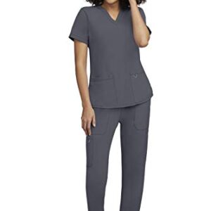 Scrubs for Women Sets 2 Pocket V-Neck Scrub Top with 5 Pocket Drawstring Scrubs Pant Women’s Scrubs Set 100200 (Size M, Color Pewter)