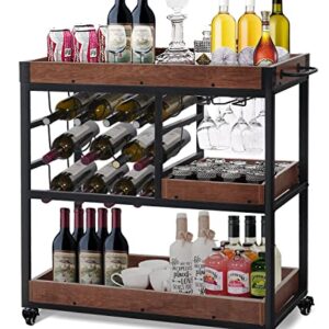 4 EVER WINNER Bar Carts for Home, Home Bar Serving Cart with 12 Bottle Wine Rack and Wine Glasses Holder, Rustic Rolling Bar Cart with Removable Shelves for Home