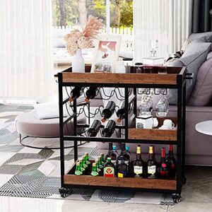 4 EVER WINNER Bar Carts for Home, Home Bar Serving Cart with 12 Bottle Wine Rack and Wine Glasses Holder, Rustic Rolling Bar Cart with Removable Shelves for Home