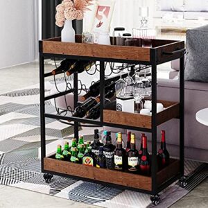 4 EVER WINNER Bar Carts for Home, Home Bar Serving Cart with 12 Bottle Wine Rack and Wine Glasses Holder, Rustic Rolling Bar Cart with Removable Shelves for Home