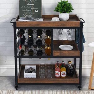 4 EVER WINNER Bar Carts for Home, Home Bar Serving Cart with 12 Bottle Wine Rack and Wine Glasses Holder, Rustic Rolling Bar Cart with Removable Shelves for Home