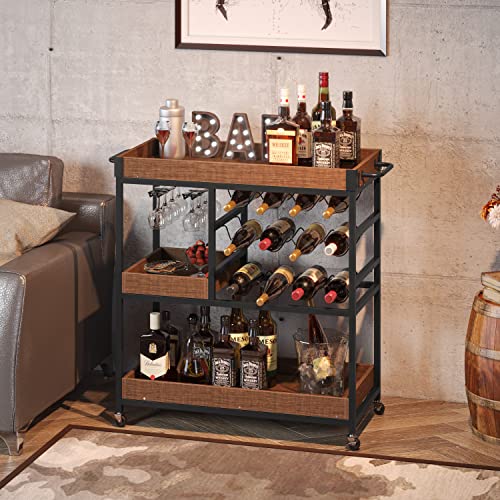 4 EVER WINNER Bar Carts for Home, Home Bar Serving Cart with 12 Bottle Wine Rack and Wine Glasses Holder, Rustic Rolling Bar Cart with Removable Shelves for Home