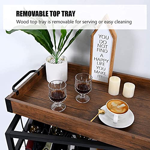 4 EVER WINNER Bar Carts for Home, Home Bar Serving Cart with 12 Bottle Wine Rack and Wine Glasses Holder, Rustic Rolling Bar Cart with Removable Shelves for Home