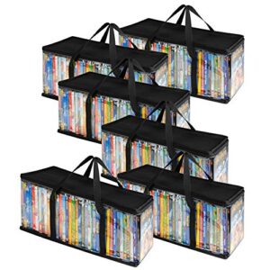 stock your home dvd storage bags (set of 6) media organizer bag for dvds, cds, blu ray disc, movie cases, vhs box, video game disks, clear plastic holders with carrying handles and zipper - black