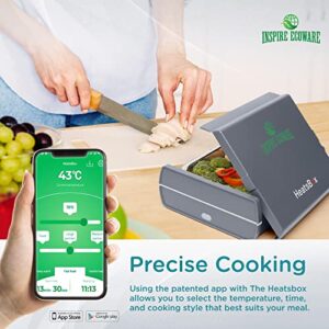 Inspire Ecoware Heatsbox, Smartphone Controlled Self Heating Hot Bento Box, Heats & Cooks Meals, Food Storage Containers, Portable Lunch Containers, 110V, Stainless Steel Tray and Lid