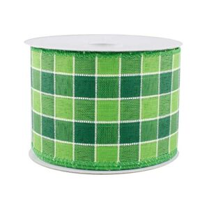 green checkered wired christmas ribbon - 2 1/2" x 10 yards, wired ribbon, emerald green, kelly green & lime plaid, saint patrick's day, easter, earth day, spring, decoration, wreath