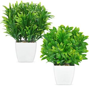 artflower 2 pack artificial eucalyptus plants in pots mini green faux potted plants with plastic white vase fake aloe grass for home indoor, office, desk, table bathroom bedroom decor