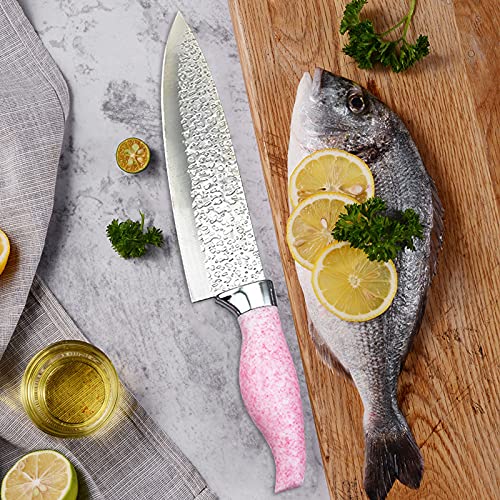 Kitchen Knives Set, Stainless Steel Knife Set with Novelty Acrylic Block, Sharp Cutlery Knife Set for Chef Cooking Cutting, Pink Color Knife