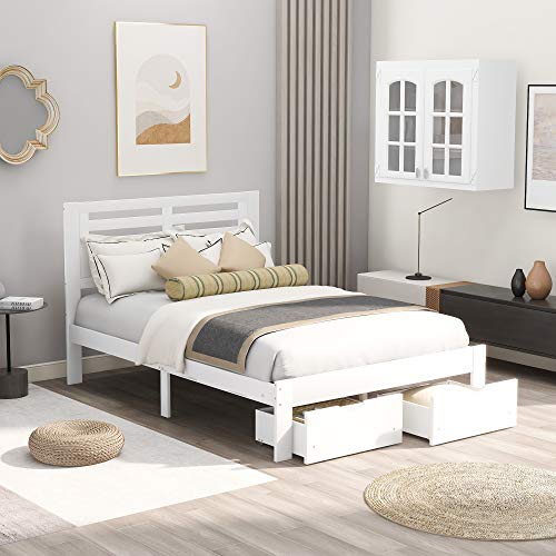 Full Size Wood Platform Bed with 2 Drawers , Full Platform Bed Frame with Headboard for Kids Teens Adults