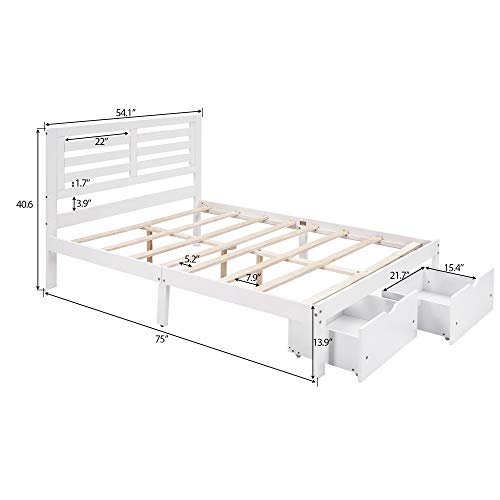 Full Size Wood Platform Bed with 2 Drawers , Full Platform Bed Frame with Headboard for Kids Teens Adults