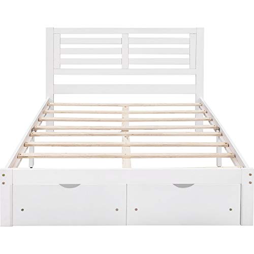 Full Size Wood Platform Bed with 2 Drawers , Full Platform Bed Frame with Headboard for Kids Teens Adults