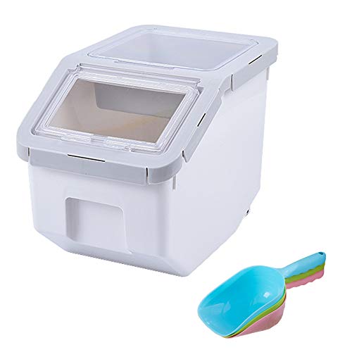 AnRui Dog Food Storage Container Airtight Plastic Rice Holder Dispenser Cereal Grain Organizer Box Pet Dog Cat Food Bin with Locking Lid, Measuring Cup, Scoop & Wheels, Grey, Small