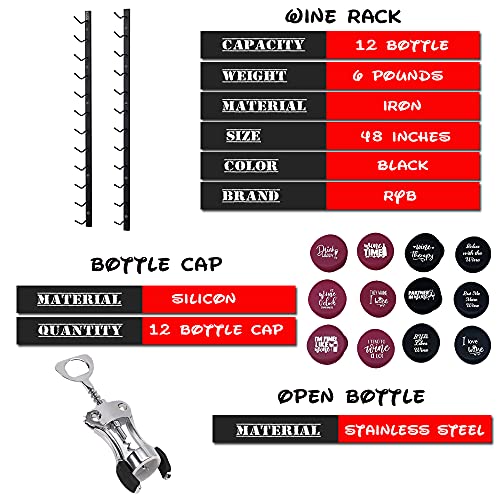 RYB (4 Ft) Wine Rack Wall Mounted,Metal Wall Mounted Wine Rack 12 Bottles, Vertical Wine Rack Wall Mounted Including 12 Silicone Stoppers and One Bottle