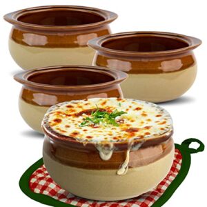 stock your home mini french onion soup crocks (4 count) - 10 ounce oven safe french onion soup bowls - two-toned brown & ivory miniature ceramic porcelain soup bowls - stoneware crocks for soup