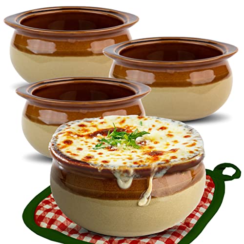 Stock Your Home Mini French Onion Soup Crocks (4 Count) - 10 Ounce Oven Safe French Onion Soup Bowls - Two-Toned Brown & Ivory Miniature Ceramic Porcelain Soup Bowls - Stoneware Crocks for Soup