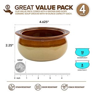 Stock Your Home Mini French Onion Soup Crocks (4 Count) - 10 Ounce Oven Safe French Onion Soup Bowls - Two-Toned Brown & Ivory Miniature Ceramic Porcelain Soup Bowls - Stoneware Crocks for Soup