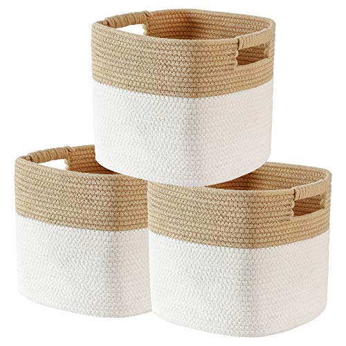 sunla Woven Cotton Rope Storage Baskets Set of 3 Foldable Cube Storage Basket, Durable Decor Rope Basket for Organizing Clothes, Baby Toy, Towel, 10.5" x 10.5" x 11", Yellow White