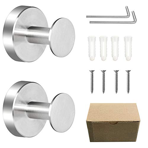 WaaWee 2 Pack Robe Towel Hook, Wall Mount Stainless Steel Wall Hook, Heavy Duty Clothes Coat Hooks for Bathroom Kitchen Home Storage (Silver)