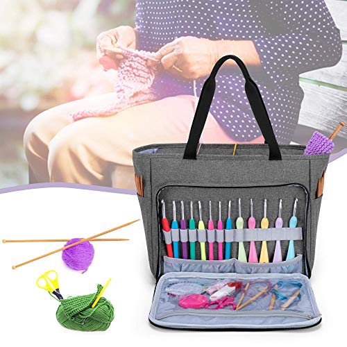 CURMIO Knitting Tote Bag, Yarn Storage Bag with Pockets for Crochet Hooks, Knitting Needles, Knitting Project and Accessories, Gray (Bag Only, Patented Design)