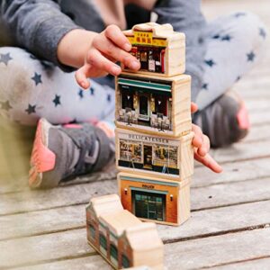 THE FRECKLED FROG My Little Town - Set of 20 - Ages 1+ - Wooden Blocks for Toddlers - Includes Bakery, Hospital, Supermarket and More - Double-Sided