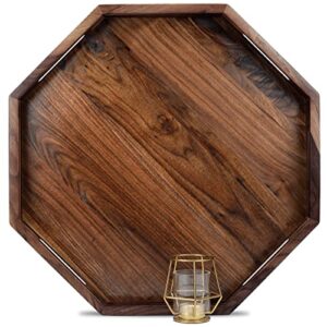 magigo 20 inches extra large octagonal black walnut wood ottoman tray with handles, serve tea, coffee classic wooden decorative serving tray