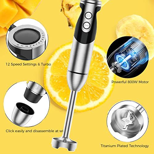 3-in-1 Immersion Hand Blender, Powerful 800 Watt 12-Speed Stick Blender with Sturdy Titanium Plated Stainless Steel Blades