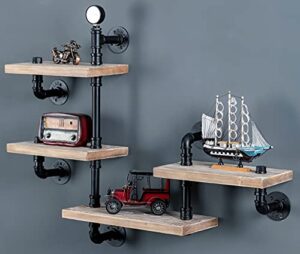 waki home industrial floating pipe wall mounted shelves rustic modern wood shelving bookcase 4 layer ladder steampunk hanging bookshelf for home bathroom office decor (4-tier ladder shelves)