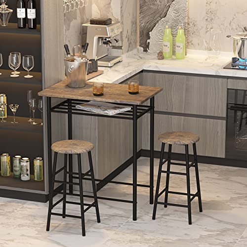 Weehom Bar Table with 2 Bar Stools, Pub Dining Height Table Set, Kitchen Counter with Bar Chairs,Bistro Table Sets for Kitchen Living Room, Built in Storage Layer, Easy Assemble