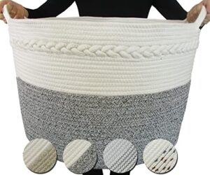 cotton rope storage basket - decorative baskets for home decor, xxl 20”x14”, throw blanket basket for living room, great for blanket holder for bedroom, blanket bin, off white-black
