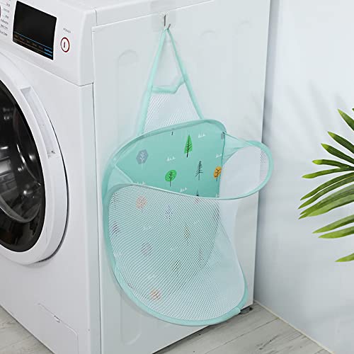 Mesh Hanging Popup Laundry Hamper, Foldable Pop-up Mesh Hamper Dirty Clothes Basket With Carry Handles Easy to Open and Fold Flat for Storage, Odors & Moisture Proof (Green)