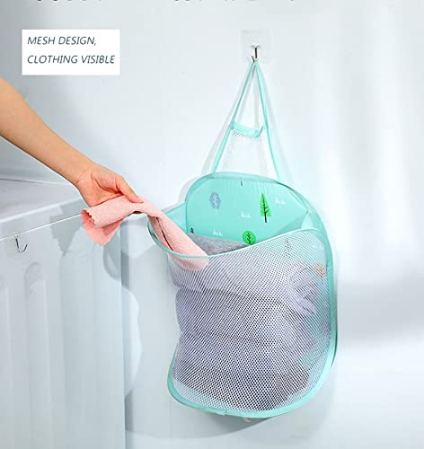 Mesh Hanging Popup Laundry Hamper, Foldable Pop-up Mesh Hamper Dirty Clothes Basket With Carry Handles Easy to Open and Fold Flat for Storage, Odors & Moisture Proof (Green)