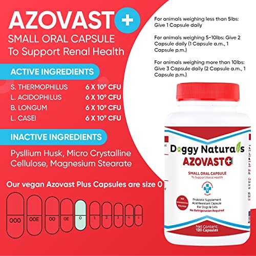 Azovast Plus Kidney Health Supplement for Dogs & Cats, 120ct - NO Refrigeration Required - Help Support Kidney Function & Manage Renal Toxins - Renal Care Supplement Capsule(U.S.A) (120 Caps)