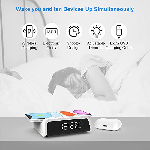 Alarm Clock with 15W Fast Wireless Charging Pad, Snooze Alarm Clock with 4 Brightness 12/24H,Compatible with iPhone,Galaxy, Samsung,LG,Android,AirPods Wireless Charger for Bedroom,Additional USB Port