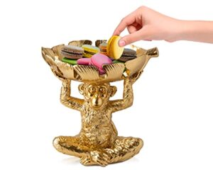 adorable “monkey” candy tray made of resin – monkey sculpture w/split leaf dish for snacks, nuts, candies & more – decorative holder w/golden finish for keys or jewelry – ornament for modern decor